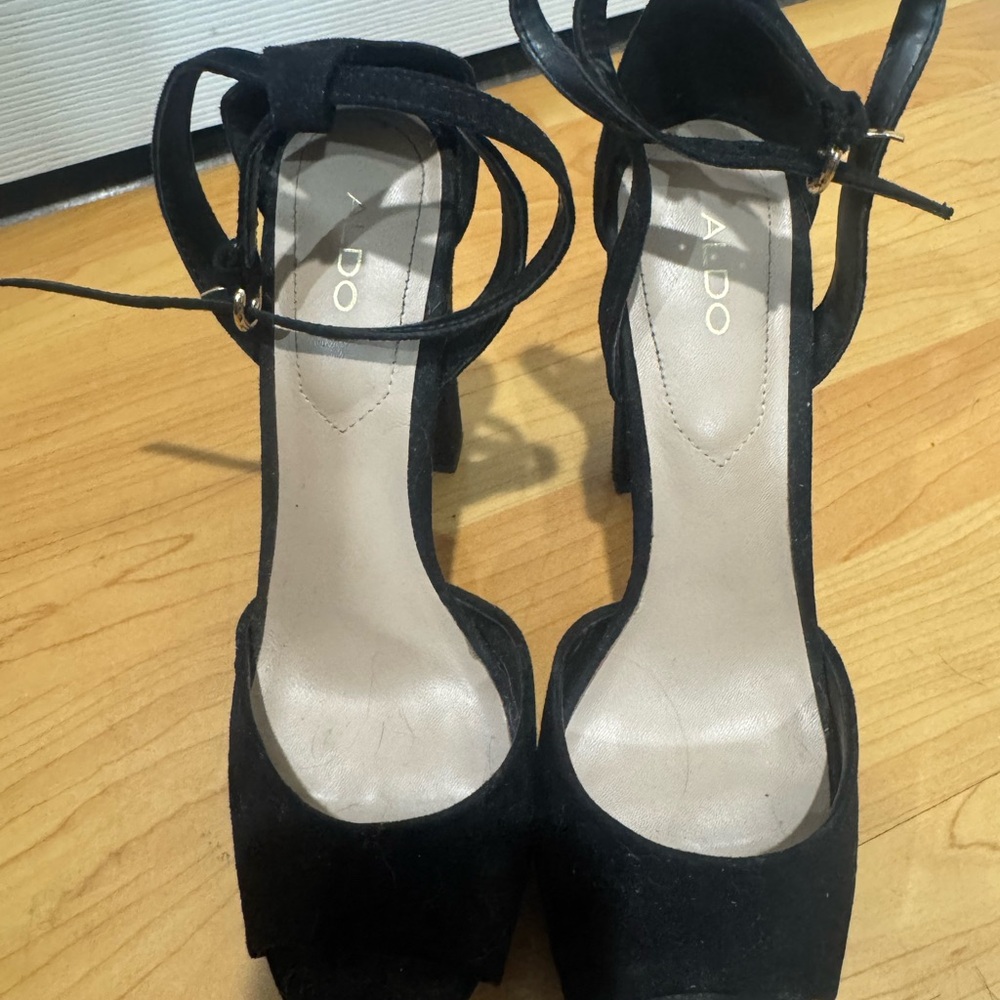 Aldo Black Suede Ankle-Strap Platform Heels